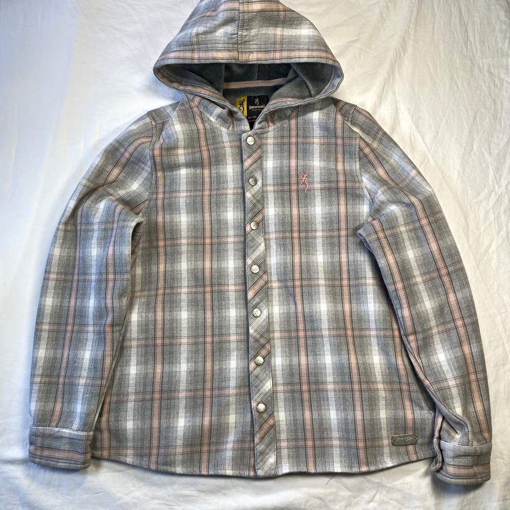 Browning Women's XL Fleece Hooded Plaid Button-Front Long Sleeve Shirt Gray